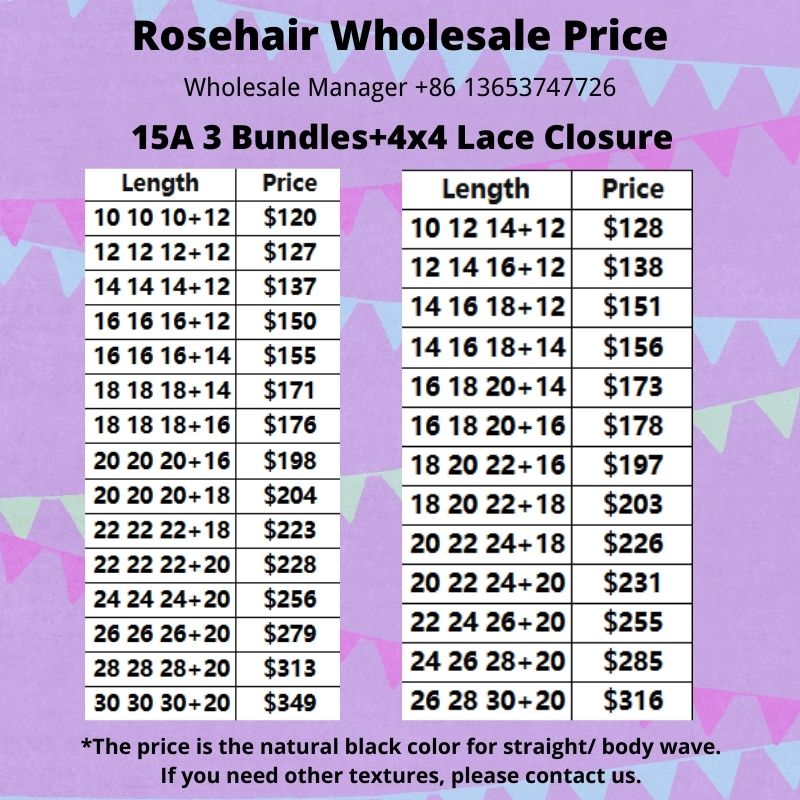 Rose Hair 15A Grade 3pcs Hair Bundles with 4x4 Lace Closure Wholesale Package Deal Free Shipping