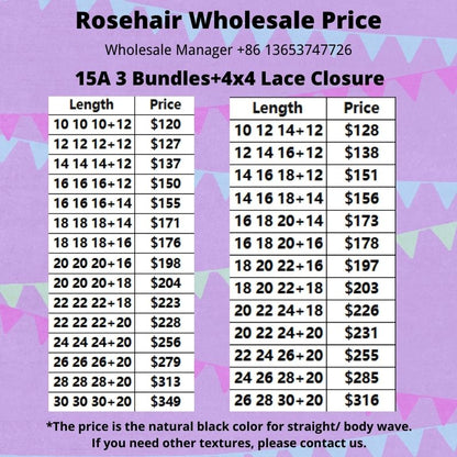 Rose Hair 15A Grade 3pcs Hair Bundles with 4x4 Lace Closure Wholesale Package Deal Free Shipping