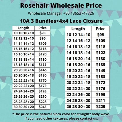 Rose Hair 10A Grade 3pcs Hair Bundles with 4x4 Lace Closure Wholesale Package Deal Free Shipping