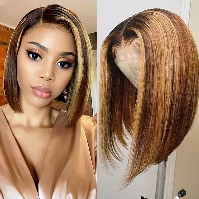 Rose Hair Honey Blonde Piano Highlights Color Straight Hair 4x4 Lace Bob Wig Human Hair Wig