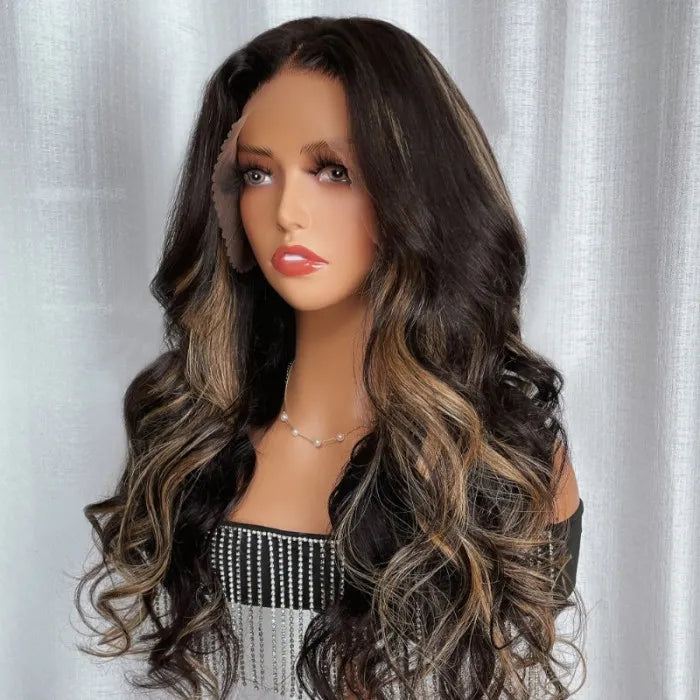 Chocolate Brown With Peek A Boo Blonde Highlights 13x4 Lace Front Loose Wave Wig