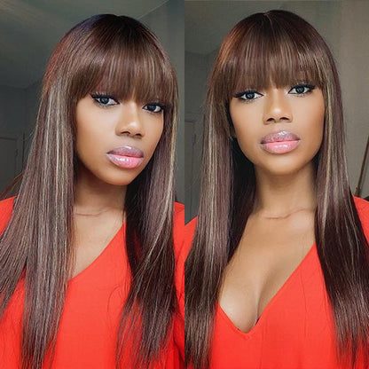 BALAYAGE COLOR HIGHLIGHTS GLUELESS WIG WITH BANGS 150%Density - Rose Hair