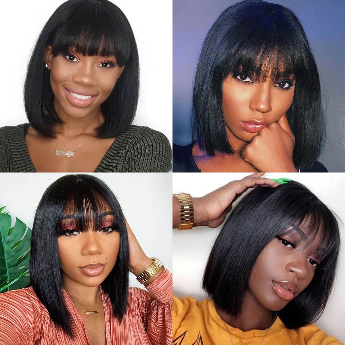 13x4 Lace Frontal Bob With Blunt Bangs Wig Human Hair Lace Wig - Rose Hair