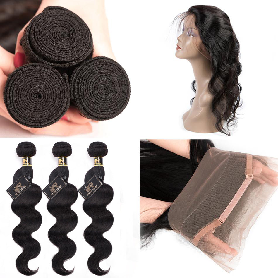 10A Grade 3 Bundles Brazilian Body Wave Virgin Hair With 1 PCS Per Plucked 360 Lace Frontal - Rose Hair