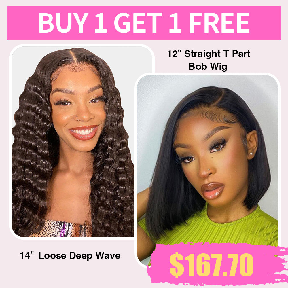 [Buy 1 Get 1 Free] Skin Melt HD Lace Loose Deep Wave 13x4 Lace Front Wigs +12 Inch Straight BoB T Part Wig Human Hair For Women