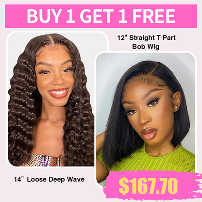 [Buy 1 Get 1 Free] Skin Melt HD Lace Loose Deep Wave 13x4 Lace Front Wigs +12 Inch Straight BoB T Part Wig Human Hair For Women