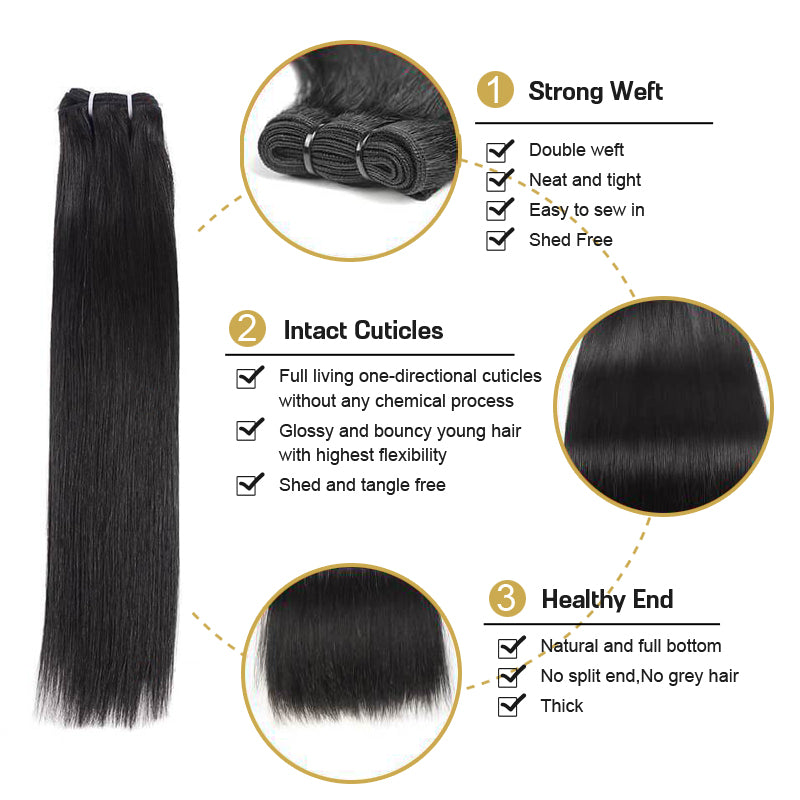 Rosehair 15A Grade Double Drawn Full End Unprocessed 3 Bundles Straight Brazilian Hair Natural Black - Rose Hair