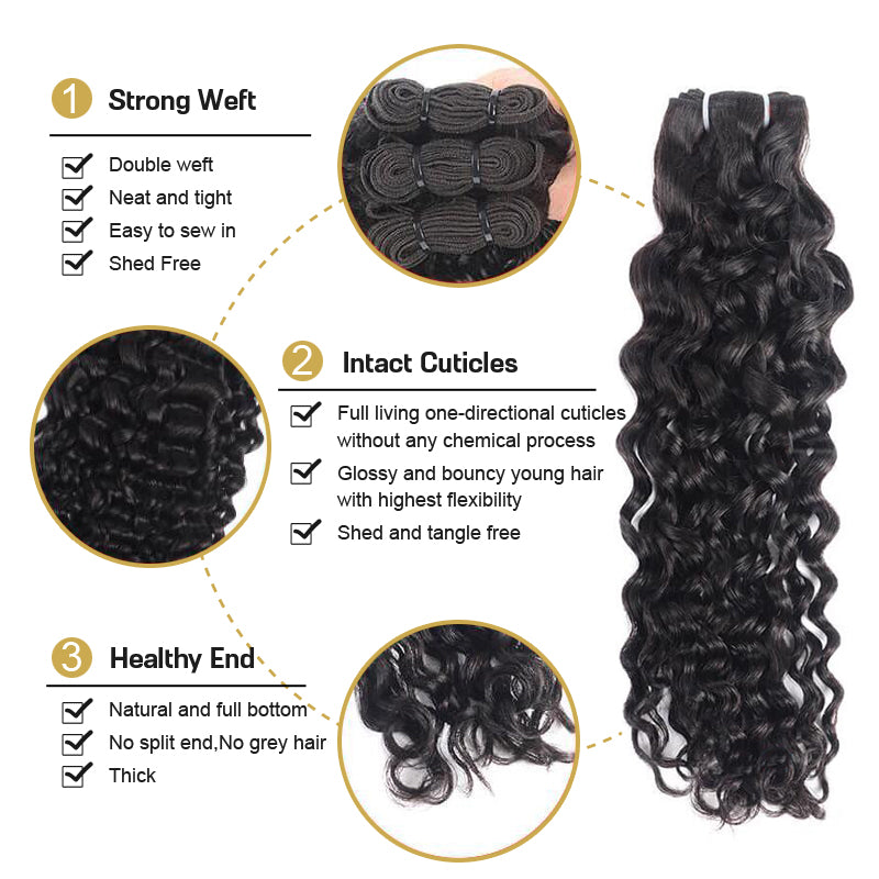 Rosehair 15A Grade Double Drawn Full End Unprocessed 3 Bundles Water Brazilian Hair Natural Black - Rose Hair