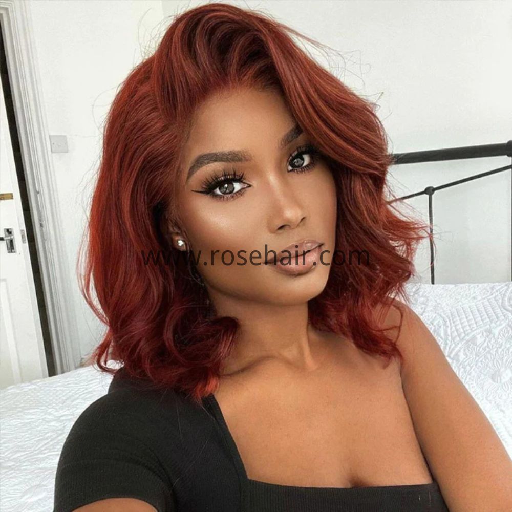 Rose Hair Reddish Brown Elegant New Body Wave Barrels Curls 5x5 13x4 HD Lace Short Wigs