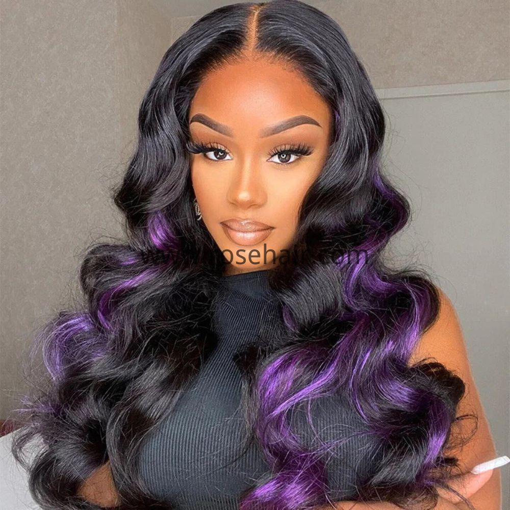 Long Peekaboo Purple Color Body Wave 13x4 Lace Front Wigs 100% Human Hair For Black Women