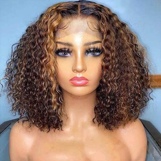 Highlight Deep Curly Wig 4/27 Ombre Honey Blonde Bouncy Curly Transparent Lace Front Human Hair Wigs