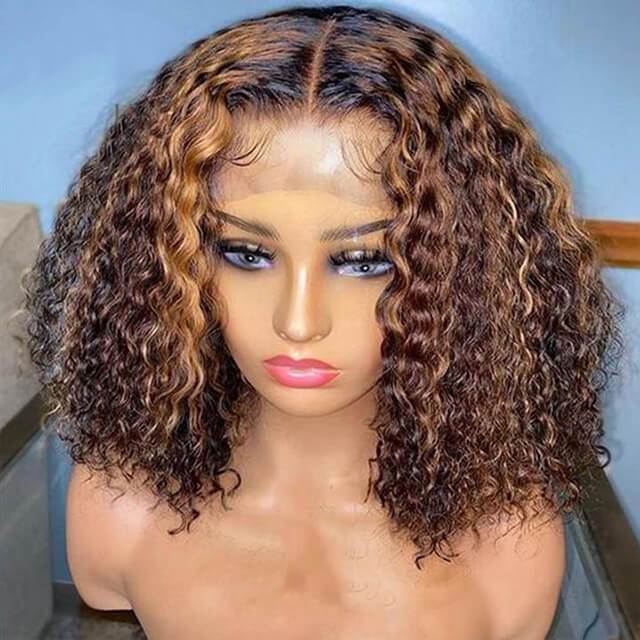 Highlight Deep Curly Wig 4/27 Ombre Honey Blonde Bouncy Curly Transparent Lace Front Human Hair Wigs