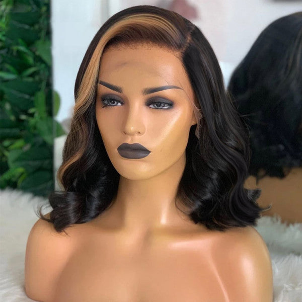Highlight Bob Wigs Short Body Wave Bob Lace Front Wigs With Blonde Highlights In Front