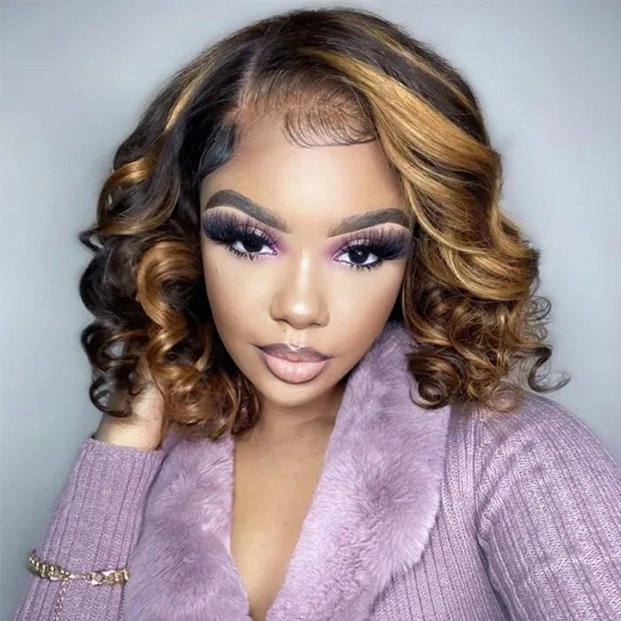 Honey Blonde Skunk Stripe Lace Frontal Bob Human Hair Black Wig with Highlights 