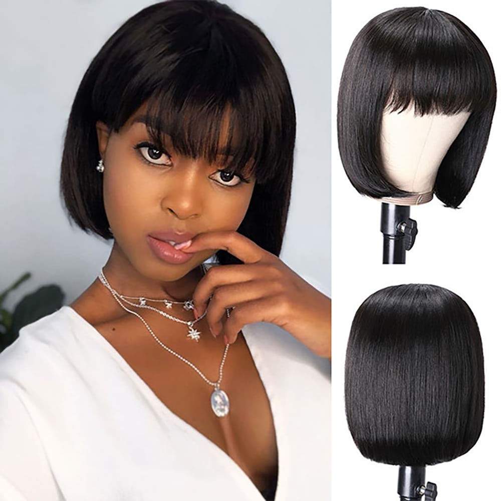 RoseHair 15A Brazilian Straight Hair  Human Hair Wig Bob Wig With Free Part Bangs Machine Made Glueless Breathable Wig Supper Soft Affordable - Rose Hair