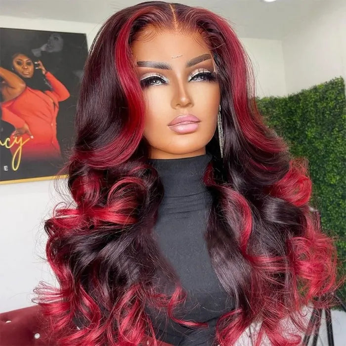 Dark Burgundy With Rose Red Highlights Body Wave 13x4 HD Lace Wigs Free Part Rose Hair