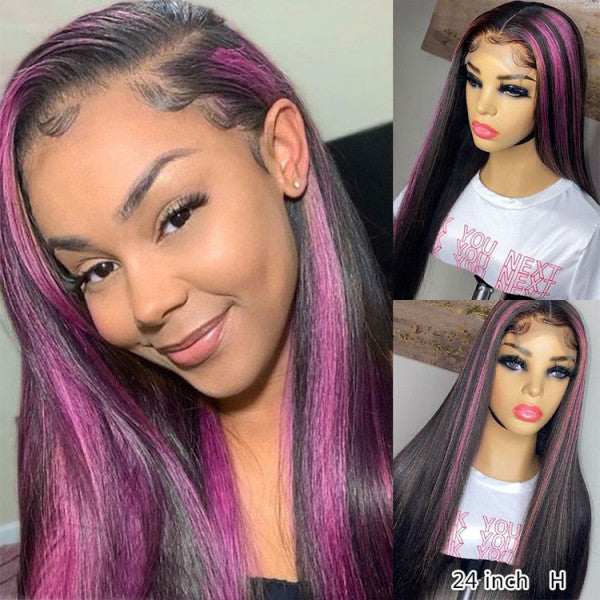 Rose Hair Pink Highlights On Black Hair Straight Hair Wig With Pink Peekaboo Highlights