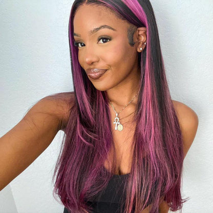 Rose Hair Pink Highlights On Black Hair Straight Hair Wig With Pink Peekaboo Highlights