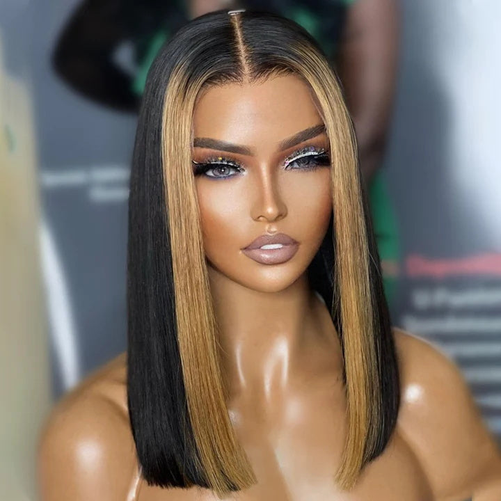 Rose Hair Skunk Stripe Blond Highlight Straight 13x4 Lace Bob Wig Human Hair Wig