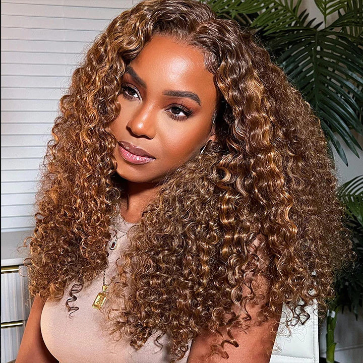 Highlight Piano Color 250% High Density Curly 6x6 HD Lace Closure Wig Highlight Brown And Blonde Human Hair Wigs