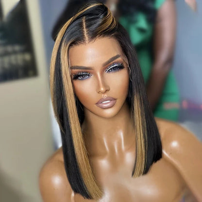 Rose Hair Skunk Stripe Blond Highlight Straight 13x4 Lace Bob Wig Human Hair Wig