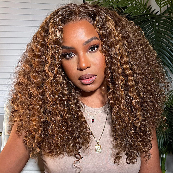 Highlight Piano Color 250% High Density Curly 6x6 HD Lace Closure Wig Highlight Brown And Blonde Human Hair Wigs
