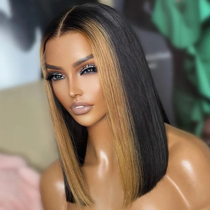 Rose Hair Skunk Stripe Blond Highlight Straight 13x4 Lace Bob Wig Human Hair Wig