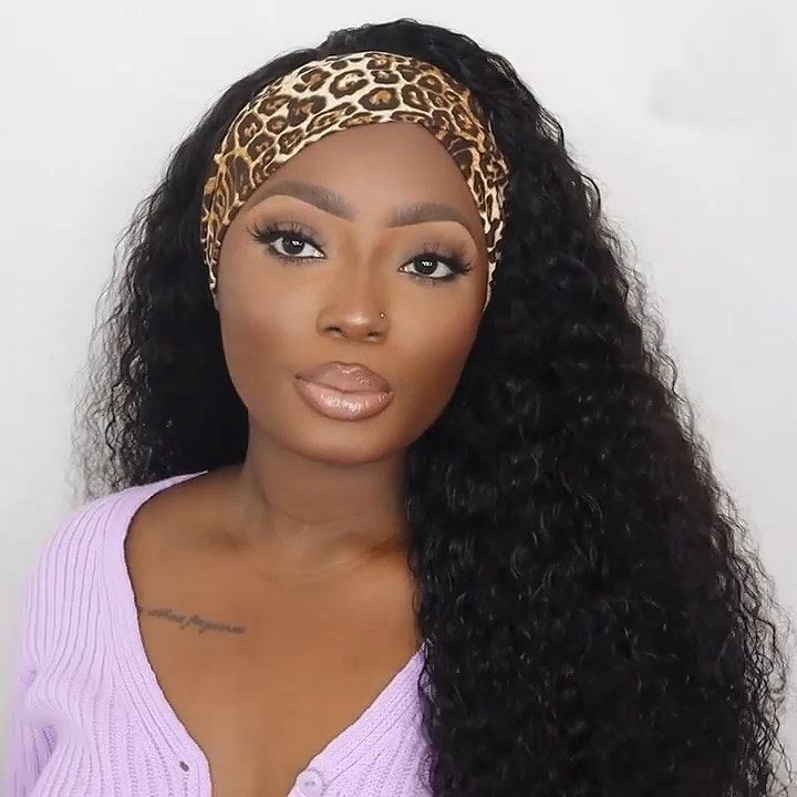 RoseHair Super Fashion Headband Wig Water Wave Human Virgin Hair Wig With Free Scarf Natural Color Wig - Rose Hair