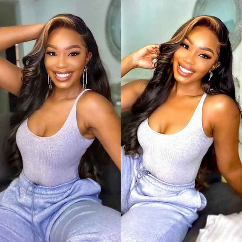 Skunk Stripe Hair Natural Body Wave Black Wig With Honey Blonde Highlights Lace Front Wigs(Tiktok Trend Hair)