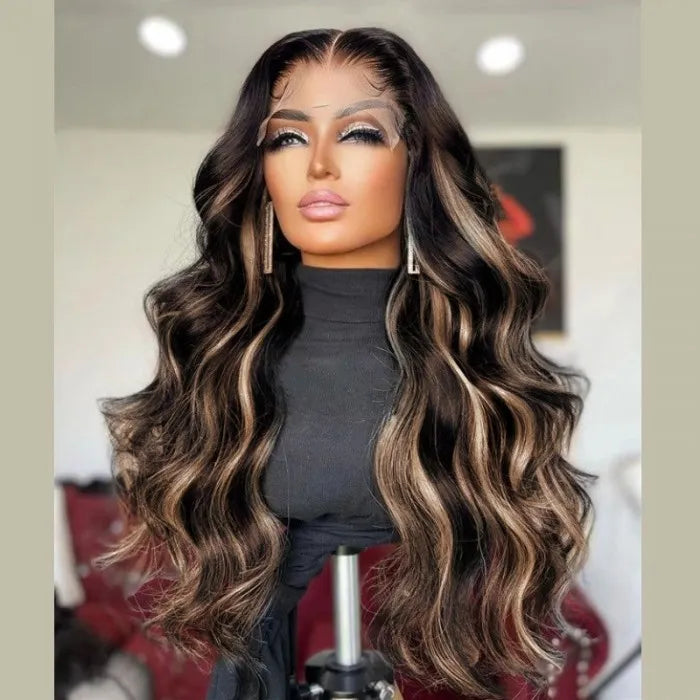 Chocolate Brown With Peek A Boo Blonde Highlights 13x4 Lace Front Loose Wave Wig