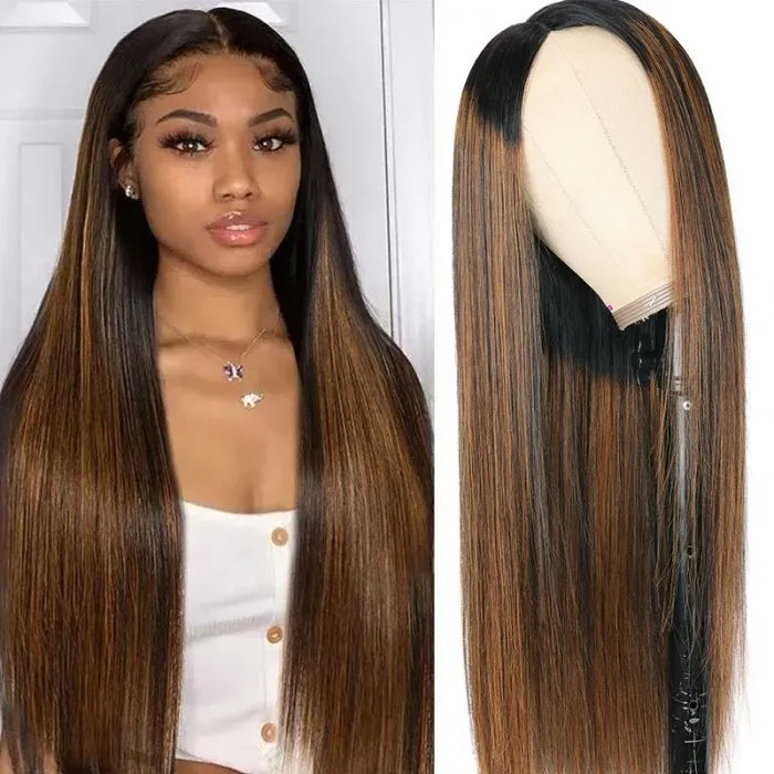 Glueless Straight V Part Wig Balayage Highlights Beginner Friendly Upgrade U Part Wig