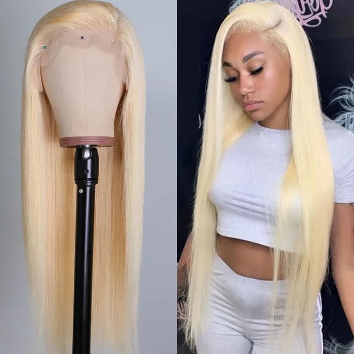 100% Human Virgin Hair Long 613 Blonde Straight 13x4 Lace Frontal Wig 180% Density