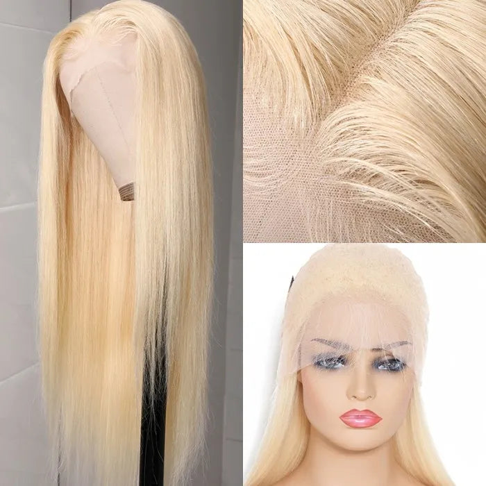100% Human Virgin Hair Long 613 Blonde Straight 13x4 Lace Frontal Wig 180% Density