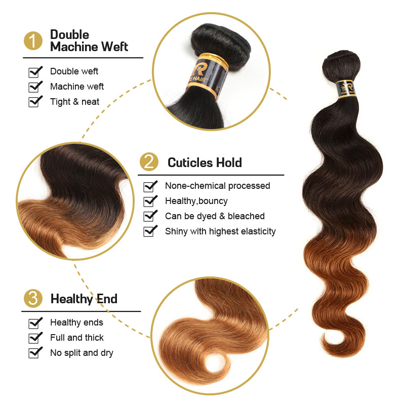 10A Grade 3 Bundles T1B/4/30 Color Brazilian Virgin Hair With 1 PCS Per Plucked 4*4 Lace Closure - Rose Hair