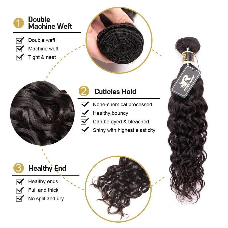 10A Grade 3 Bundles Brazilian Water Wave Virgin Hair with 1 PCS Per Plucked 4*4 Lace Closure - Rose Hair