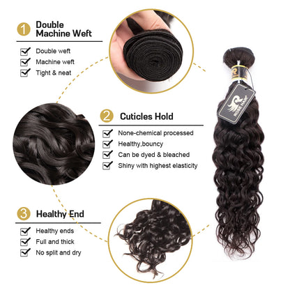 10A Grade 3 Bundles Brazilian Water Wave Virgin Hair with 1 PCS Per Plucked 4*4 Lace Closure - Rose Hair