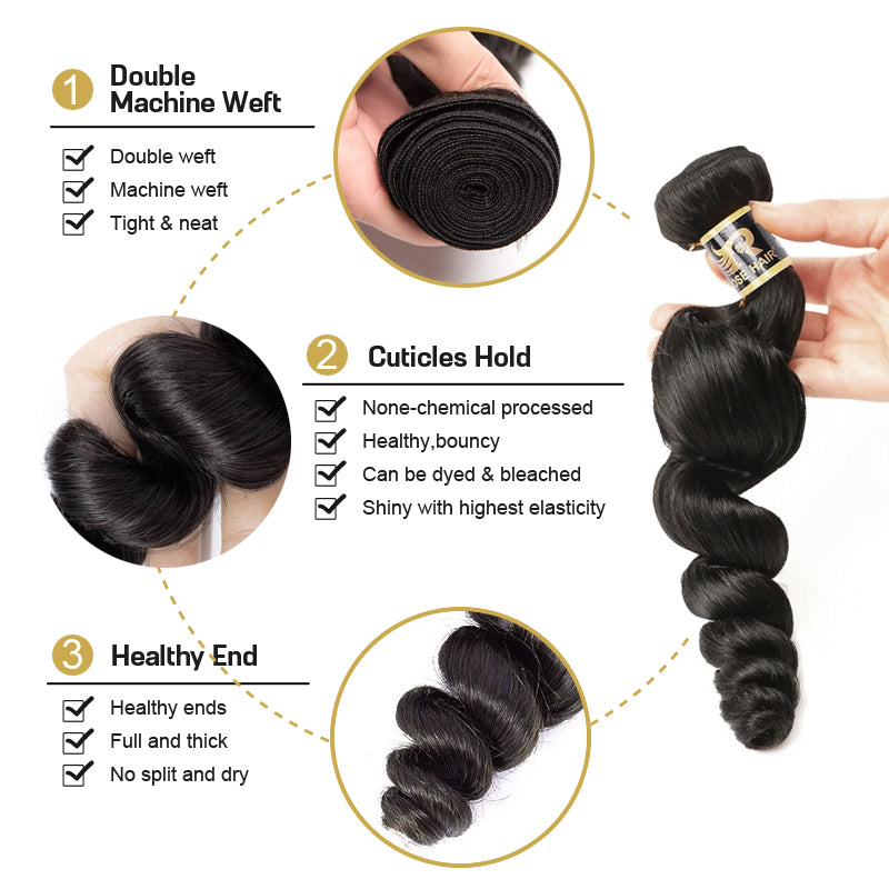 10A Grade 3 Bundles Brazilian Loose Wave Virgin Hair with 1 PCS 4*4 Lace Closure - Rose Hair