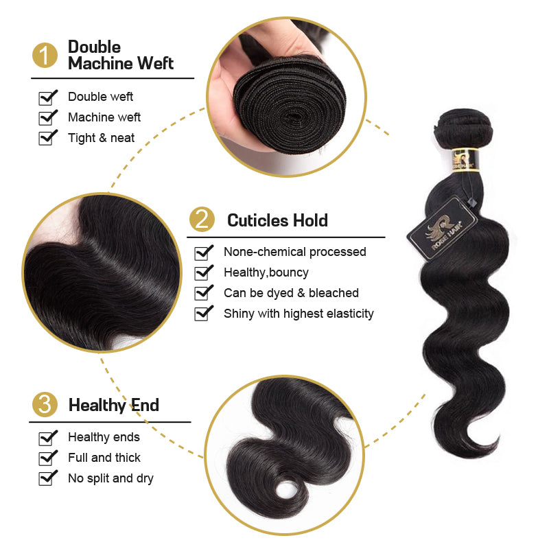 10A Grade 3 Bundles Brazilian Body Wave Virgin Hair With 1 PCS Per Plucked 360 Lace Frontal - Rose Hair