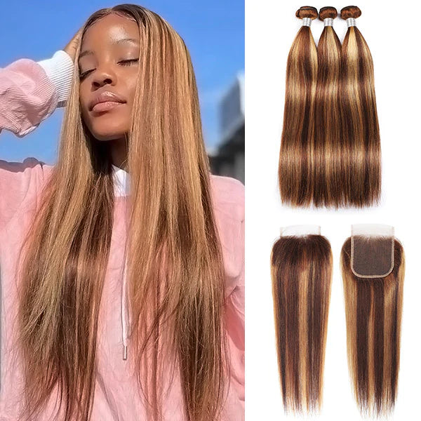 Honey Blonde Highlight Straight Human Hair Weave 3 Bundles with 4x4 Lace Closure P4/27